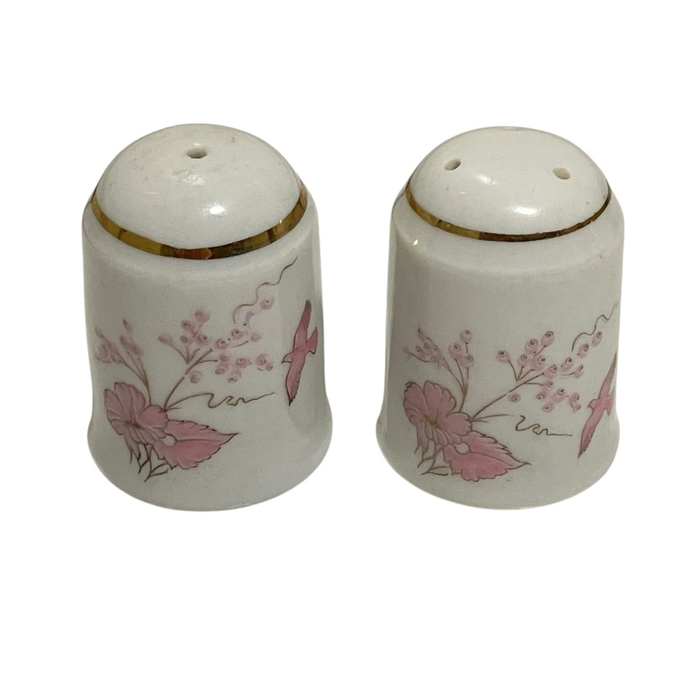 Vintage 70s Reutter Porzellan Germany Thimble Bird Flower Salt & Pepper Shakers
